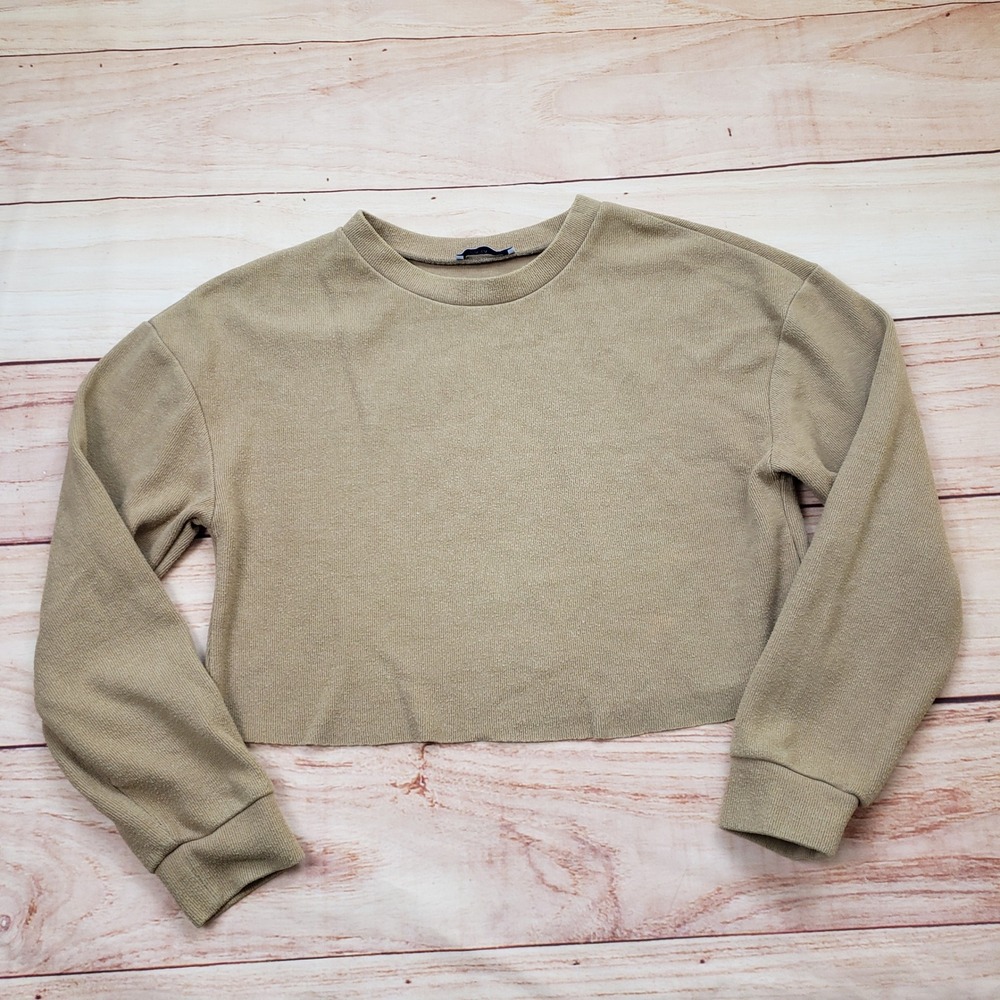 Zara Trafaluc Shirt Womens Small Tan Cropped Ribbed Long Sleeve Khaki Raw Hem